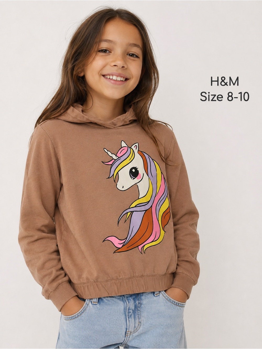 H&M Girls Unicorn Graphic Hoodie Sweatshirt Brown Size 8-10 100% Cotton